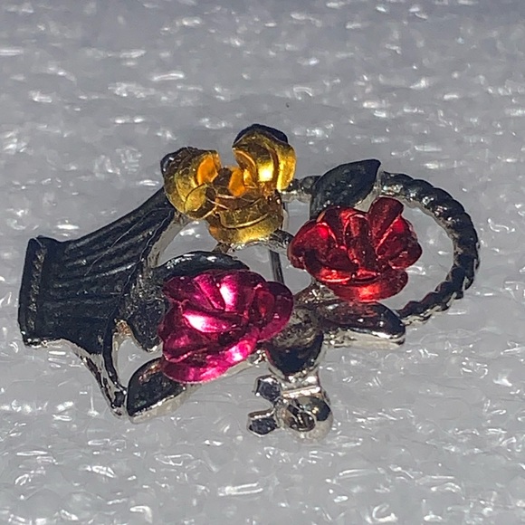 Red, Pink, & Gold Roses in Silver Tone Basket Brooch/Pin - Picture 13 of 16